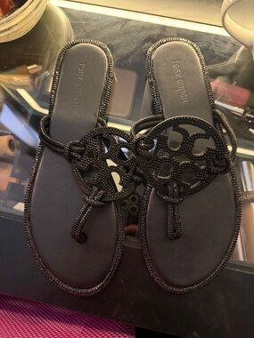 Tory Burch Black Miller Logo Rope Thong Sandals